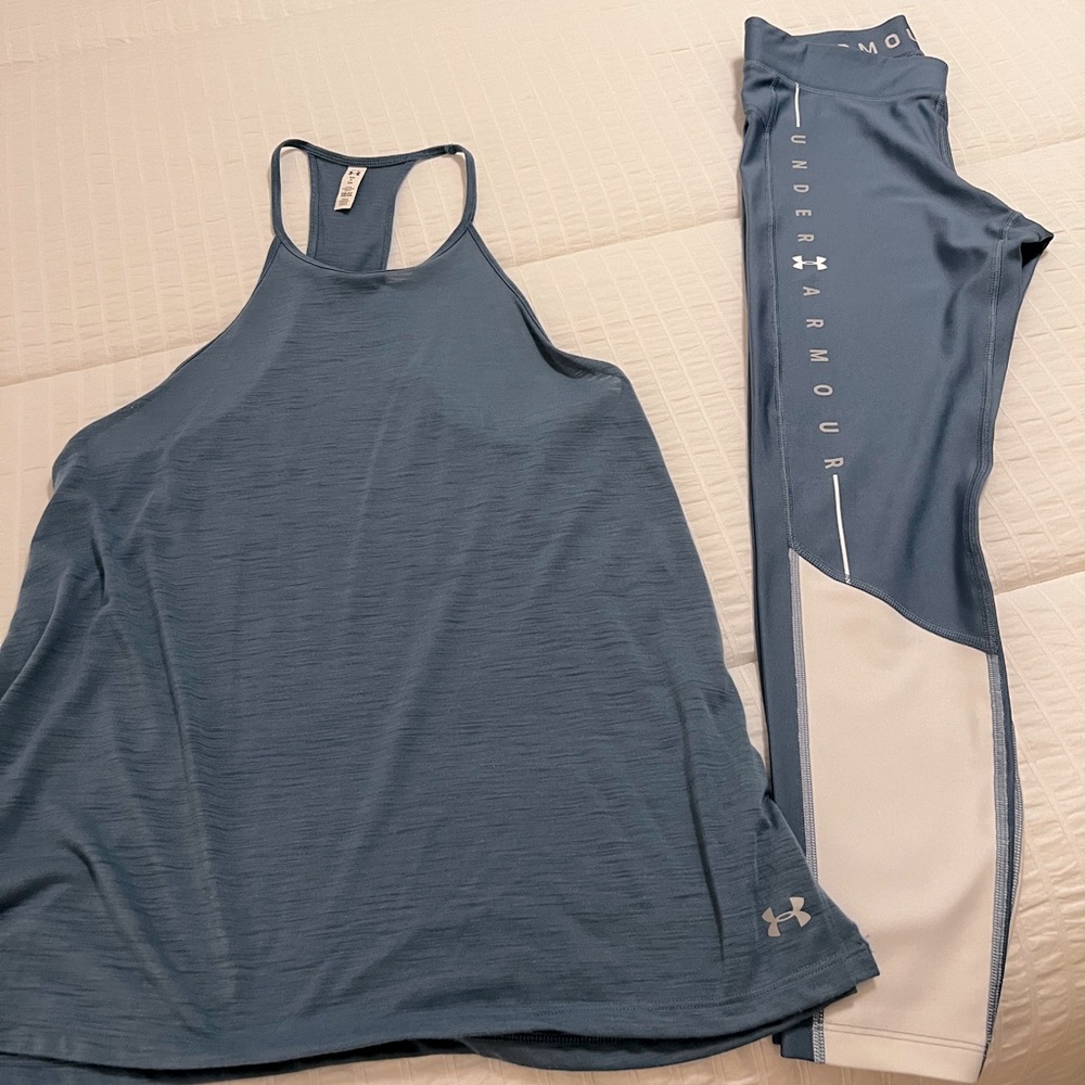 Pale blue and white Under Armour workout suit!